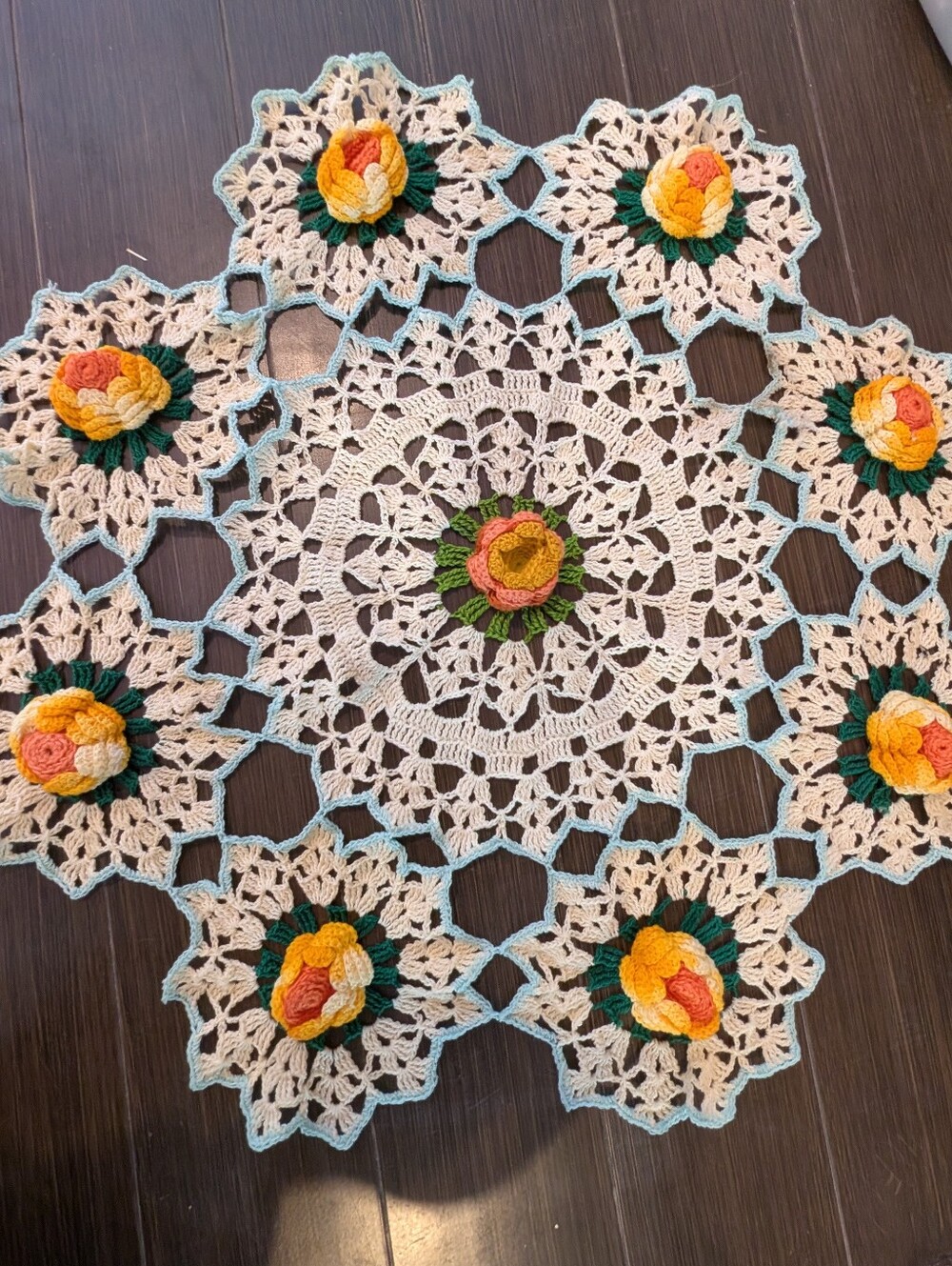 Handmade Crochet Floral Large 23 Inch Doily - Cream with Yellow & Pink Roses